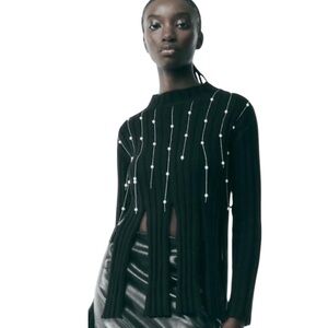 Zara Fringed Pearl Knit Wool Blend Sweater